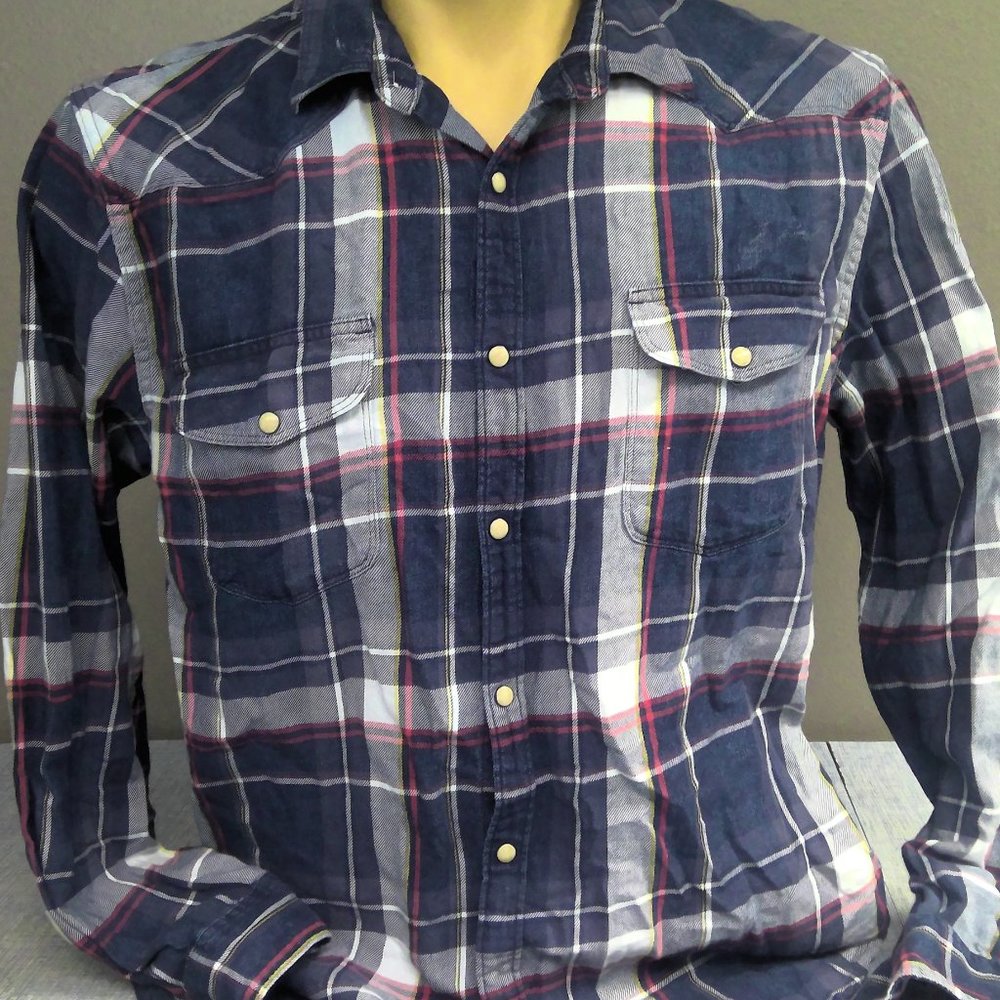 Lucky Brand Western Pearl Snap Shirt Long Sleeve Blue Plaid Flannel Men's XL